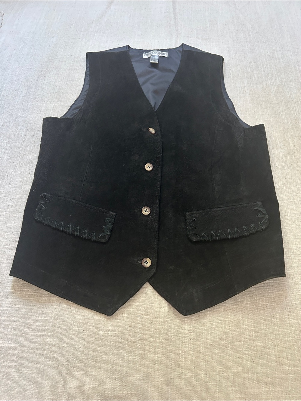 Vintage Amanda Smith Black Suede Vest Button Front Western Festival Cowgirl